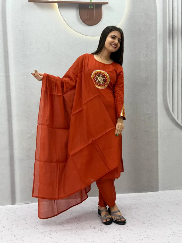 Rust_Embroidered_Straight_Kurta_Set_For_Women
