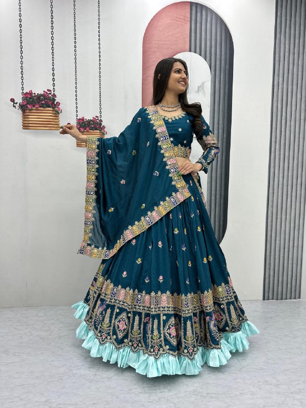 Teal_Embroidered_Flared_Lehenga_Choli_Set_For_Women
