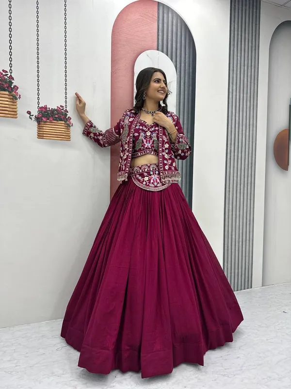 Maroon_Embroidered_Flared_Lehenga_Set_For_Women