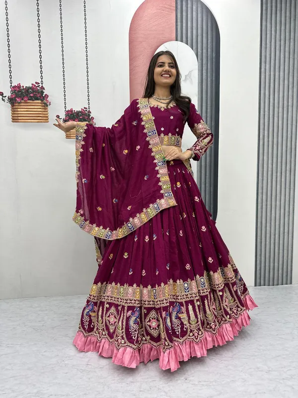Maroon_Embroidered_Flared_Lehenga_Choli_Set_For_Women