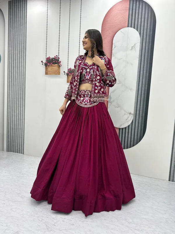 Maroon_Embroidered_Flared_Lehenga_Set_For_Women