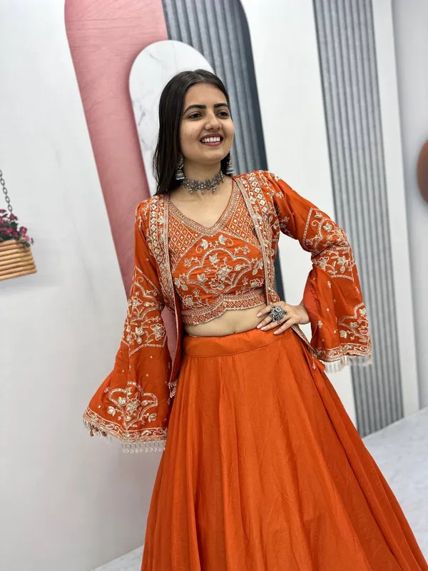 Orange_Embroidered_Flared_Lehenga_Choli_Set_For_Women