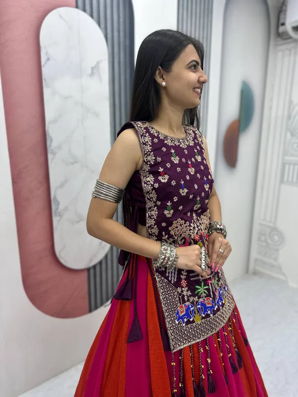 Wine_Embroidered_Sleeveless_Lehenga_Set_For_Women