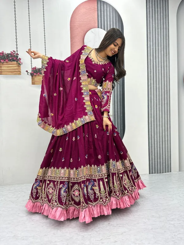 Maroon_Embroidered_Flared_Lehenga_Choli_Set_For_Women