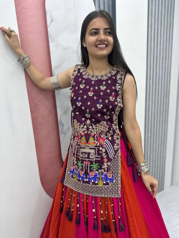 Wine_Embroidered_Sleeveless_Lehenga_Set_For_Women