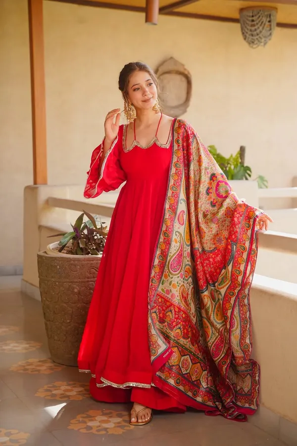 Red_Anarkali_Kurta_Set_With_Printed_Dupatta_For_Women