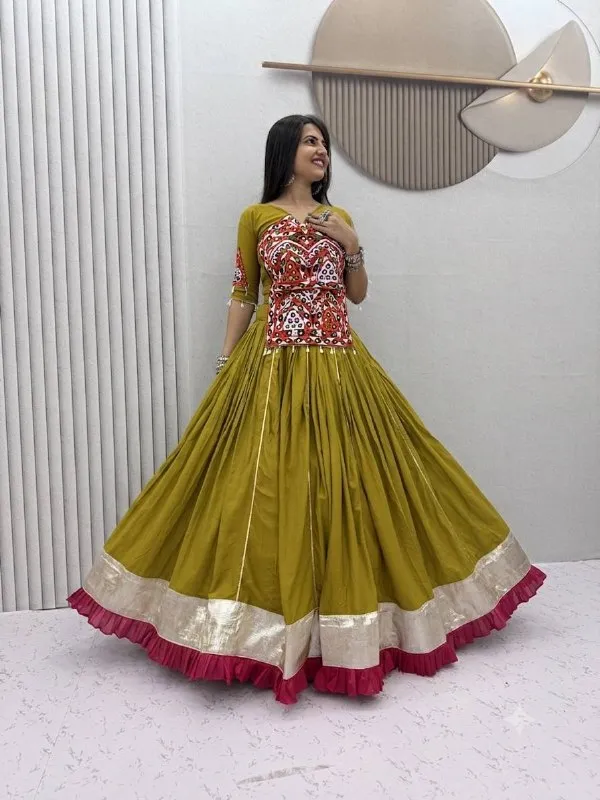 Olive_Green_Printed_Flared_Lehenga_Choli_For_Women