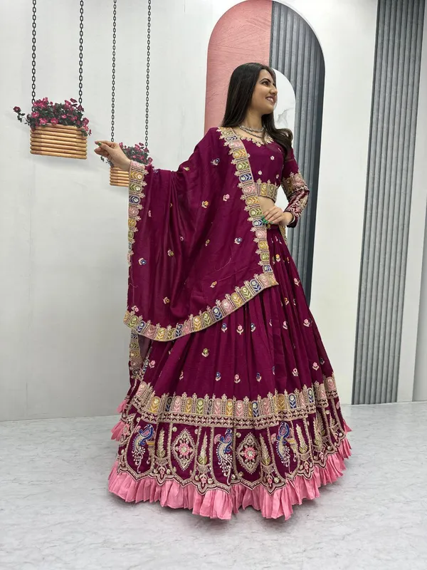 Maroon_Embroidered_Flared_Lehenga_Choli_Set_For_Women