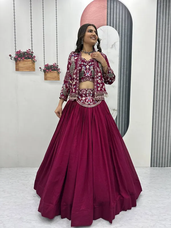 Maroon_Embroidered_Flared_Lehenga_Set_For_Women