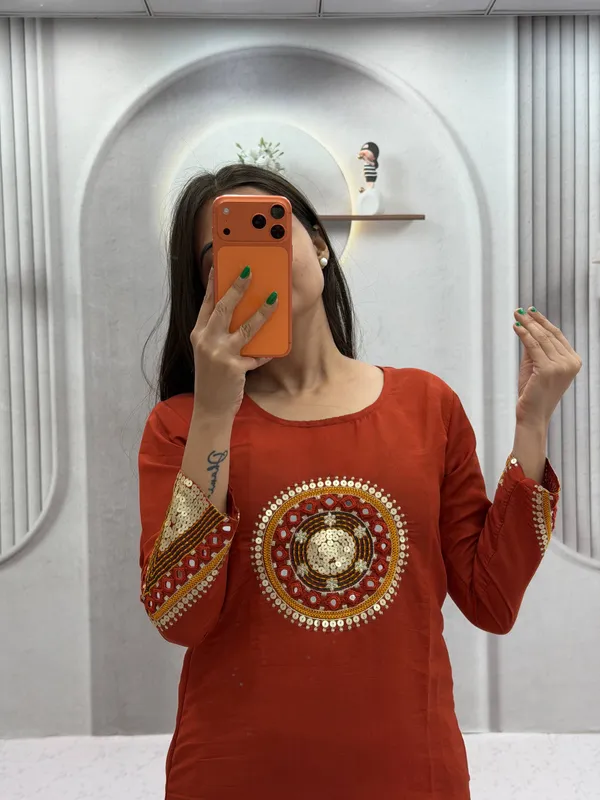 Rust_Embroidered_Straight_Kurta_Set_For_Women