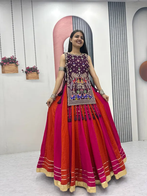 Wine_Embroidered_Sleeveless_Lehenga_Set_For_Women