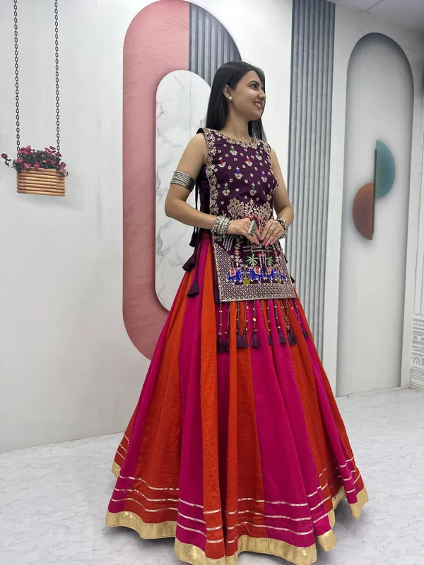 Wine_Embroidered_Sleeveless_Lehenga_Set_For_Women