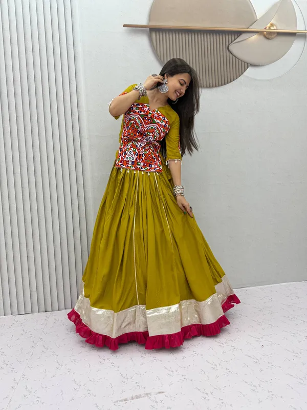 Olive_Green_Printed_Flared_Lehenga_Choli_For_Women