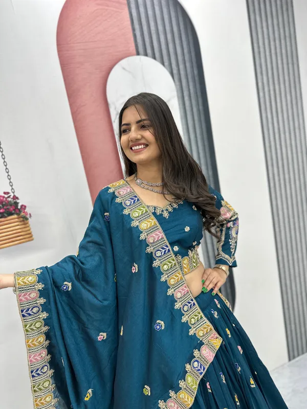 Teal_Embroidered_Flared_Lehenga_Choli_Set_For_Women