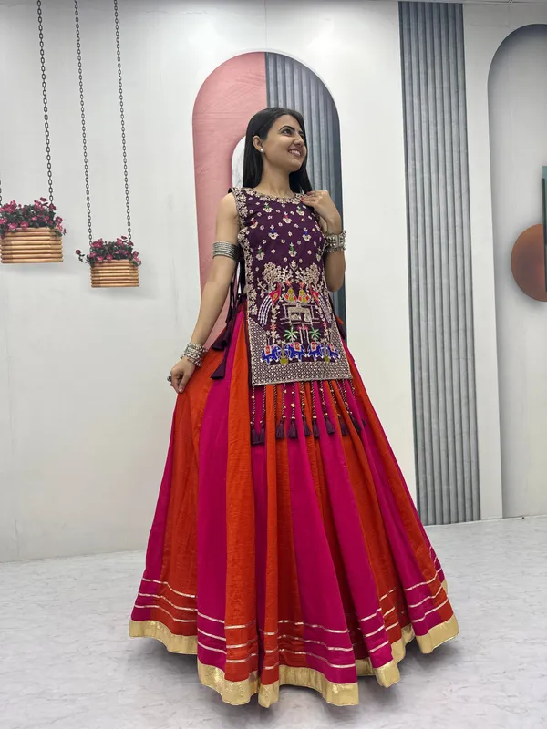 Wine_Embroidered_Sleeveless_Lehenga_Set_For_Women