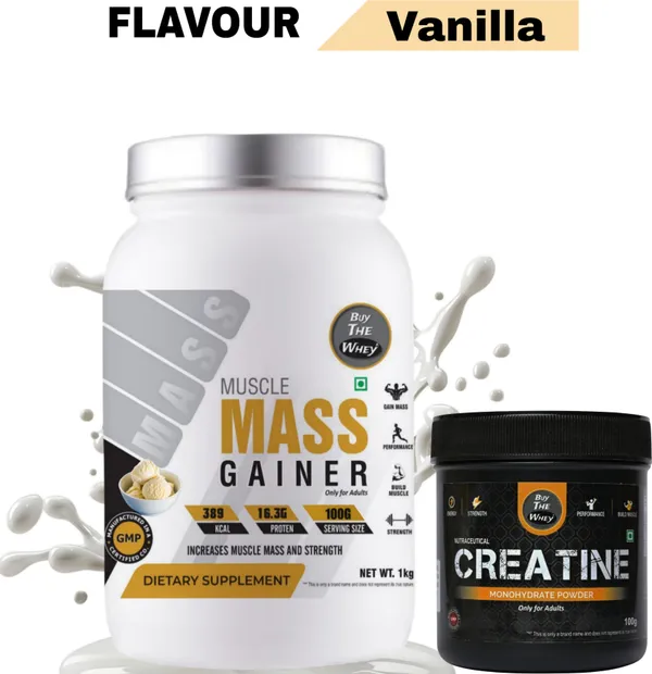 BUY_THE_WHEY_Muscle_Mass_Gainer|100%_Genuine|Lab_Tested|For_Adults_With_Creatine_Monohydrate-_Weight_Gainers/Mass_Gainers_(1_kg,_VANILLA)