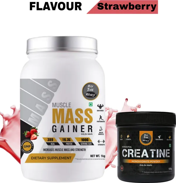 BUY_THE_WHEY_Muscle_Mass_Gainer|100%_Genuine|Lab_Tested|For_Adults_With_Creatine_Monohydrate-_Weight_Gainers/Mass_Gainers_(1_kg,_STRAWBERRY)