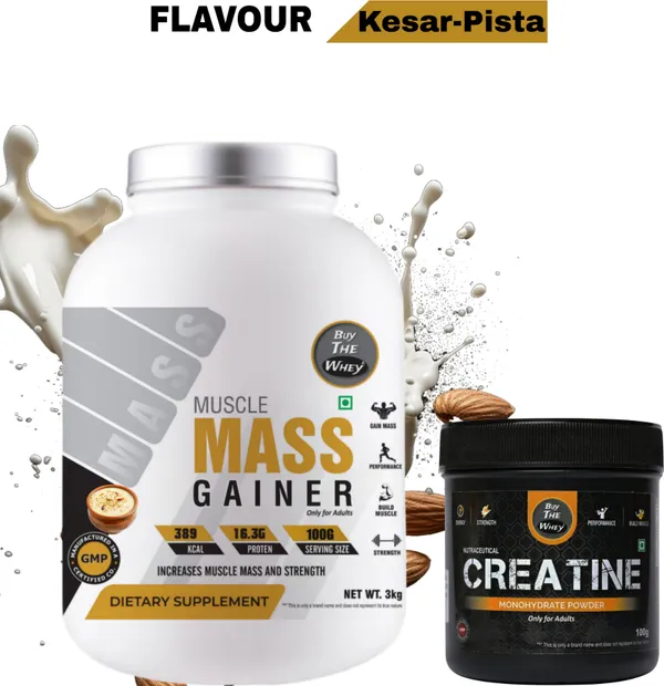 BUY_THE_WHEY_Muscle_Mass_Gainer|100%_Genuine|Lab_Tested|For_Adults_With_Creatine_Monohydrate-_Weight_Gainers/Mass_Gainers_(3_kg,_KESAR-PISTA)