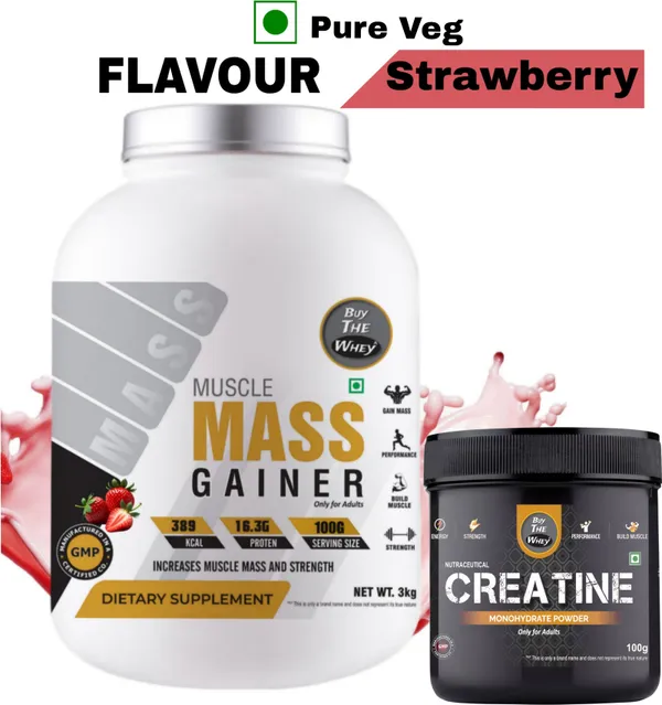 BUY_THE_WHEY_Muscle_Mass_Gainer|100%_Genuine|Lab_Tested|For_Adults_With_Creatine_Monohydrate-_Weight_Gainers/Mass_Gainers_(3_kg,_STRAWBERRY)