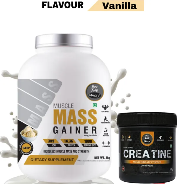 BUY_THE_WHEY_Muscle_Mass_Gainer|100%_Genuine|Lab_Tested|For_Adults_With_Creatine_Monohydrate-_Weight_Gainers/Mass_Gainers_(3_kg,_VANILLA)
