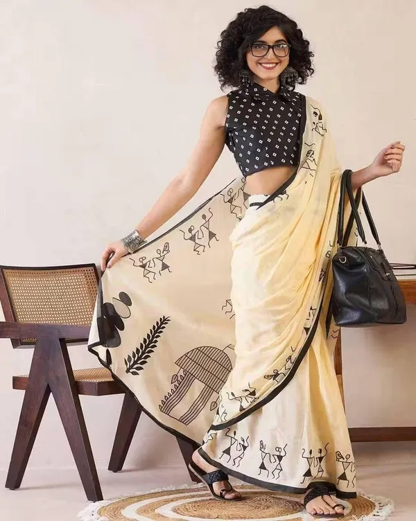 Elegant_Beige_Linen_Cotton_Saree_With_Artistic_Warli_Tribal_Print_Border