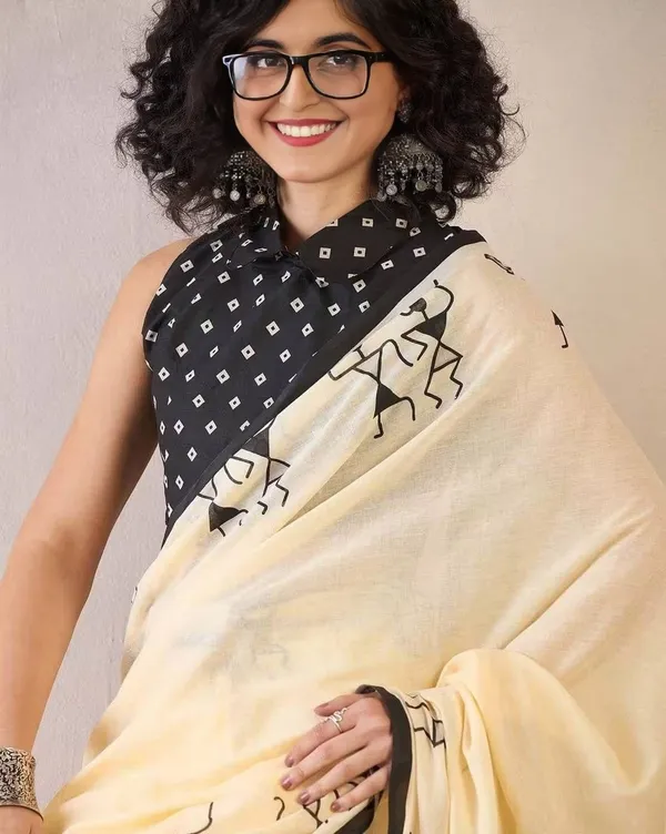 Elegant_Beige_Linen_Cotton_Saree_With_Artistic_Warli_Tribal_Print_Border