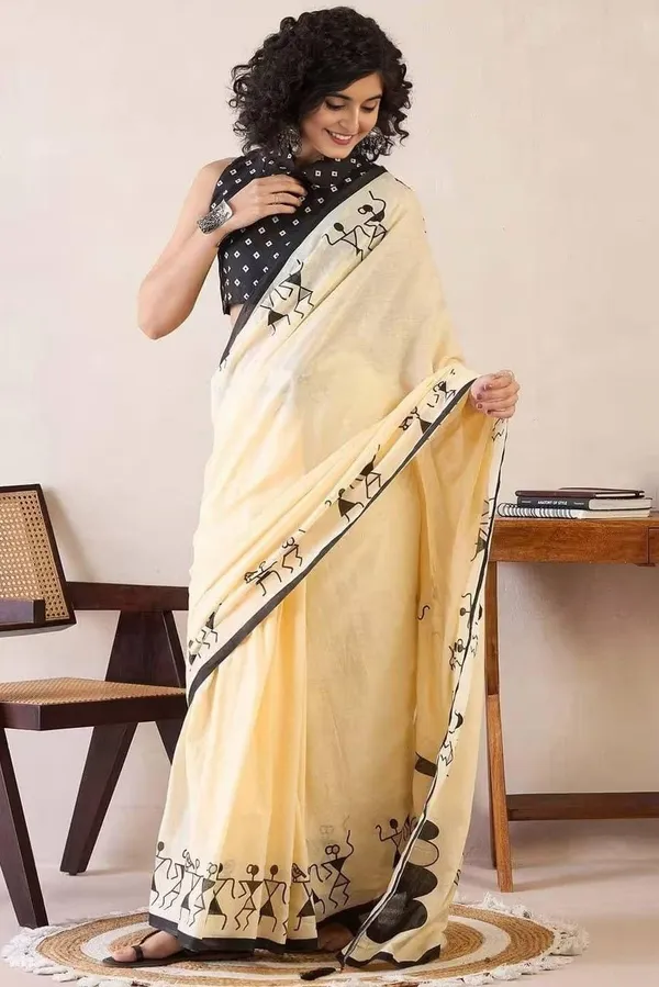 Elegant_Beige_Linen_Cotton_Saree_With_Artistic_Warli_Tribal_Print_Border
