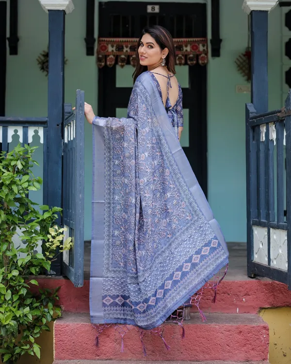 Elegant_Dusty_Blue_Linen_Cotton_Saree_With_Ethnic_Floral_Artistic_Border