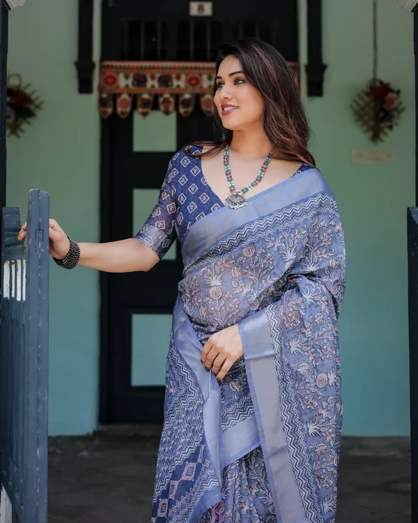 Elegant_Dusty_Blue_Linen_Cotton_Saree_With_Ethnic_Floral_Artistic_Border