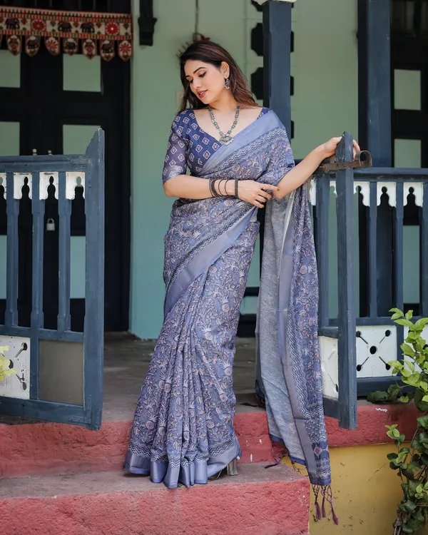 Elegant_Dusty_Blue_Linen_Cotton_Saree_With_Ethnic_Floral_Artistic_Border
