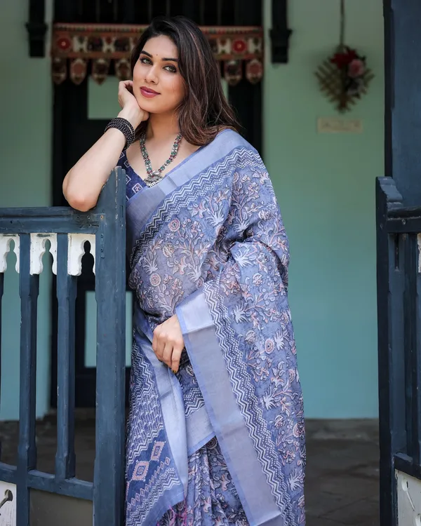 Elegant_Dusty_Blue_Linen_Cotton_Saree_With_Ethnic_Floral_Artistic_Border