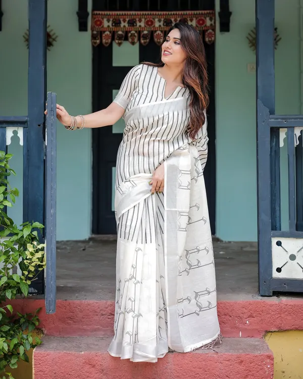 Classic_Ivory_Linen_Cotton_Saree_With_Grey_Stripes_Minimal_Print