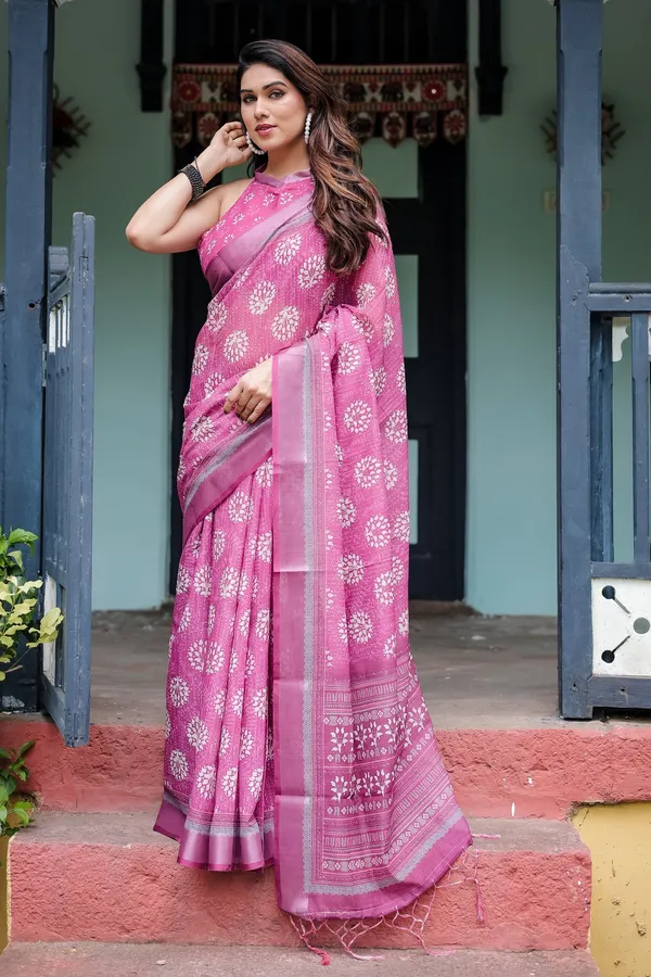 Elegant_Rose_Pink_Linen_Cotton_Saree_With_Floral_Motifs_Traditional_Border