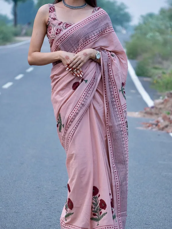 Elegant_Dusty_Pink_Linen_Cotton_Saree_With_Floral_Print_Border