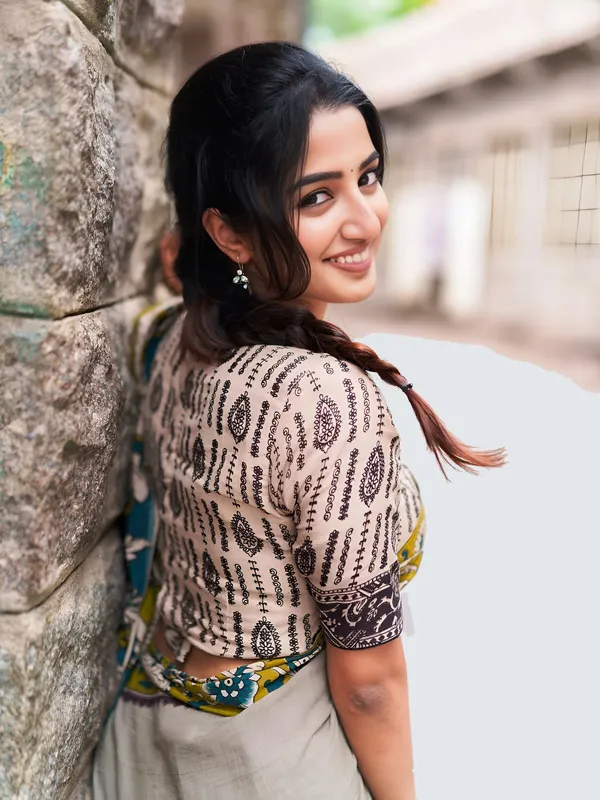 Elegant_Grey_Linen_Cotton_Saree_With_Kalamkari_Inspired_Border_Printed_Blouse