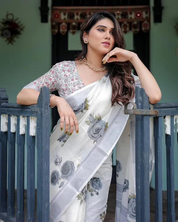 Elegant_Mist_Grey_Linen_Cotton_Saree_With_Soft_Floral_Print