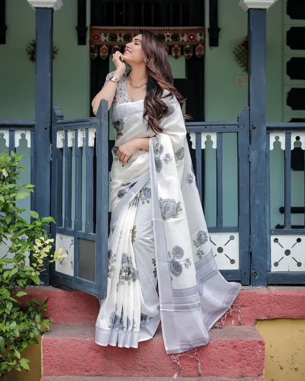 Elegant_Mist_Grey_Linen_Cotton_Saree_With_Soft_Floral_Print