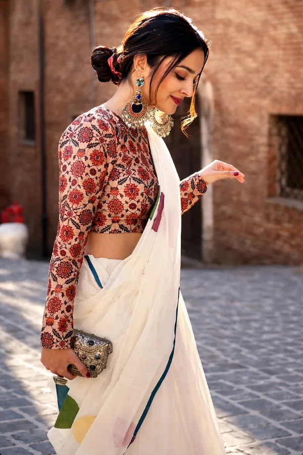 Elegant_Off_White_Linen_Cotton_Saree_With_Multicolor_Polka_Dot_Print