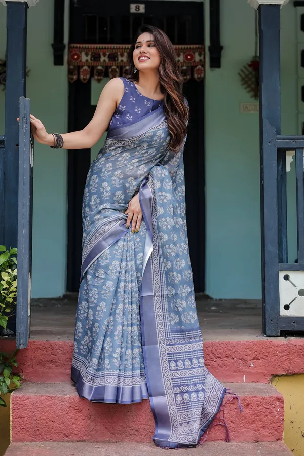 Elegant_Slate_Blue_Floral_Printed_Cotton_Saree_With_Contrast_Border