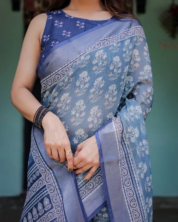 Elegant_Slate_Blue_Floral_Printed_Cotton_Saree_With_Contrast_Border