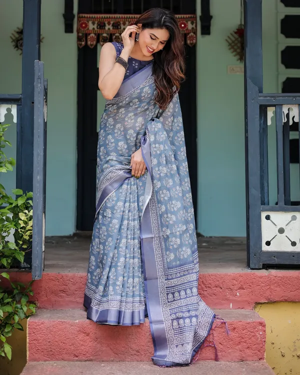 Elegant_Slate_Blue_Floral_Printed_Cotton_Saree_With_Contrast_Border