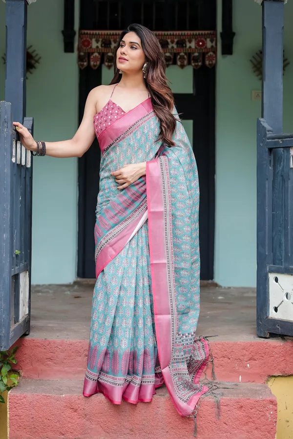 Elegant_Teal_Linen_Cotton_Saree_With_Pink_Printed_Border_Ethnic_Motifs
