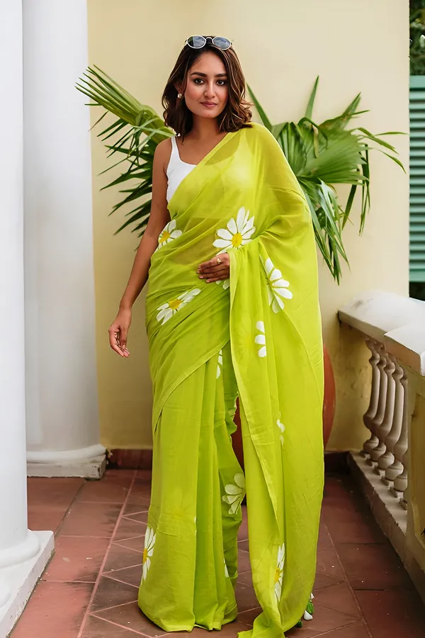 Trendy_Lime_Green_Linen_Cotton_Saree_With_White_Daisy_Floral_Print
