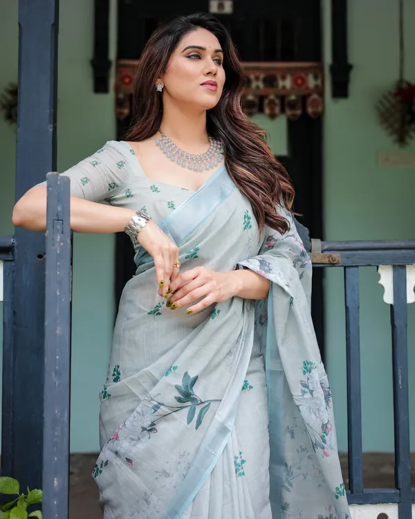Elegant_Mint_Green_Linen_Cotton_Saree_With_Soft_Floral_Print_Pastel_Border