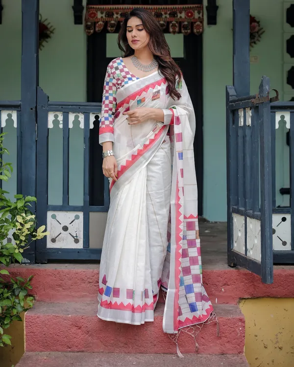 Modern_Off_White_Linen_Cotton_Saree_With_Multicolor_Mosaic_Print_Border