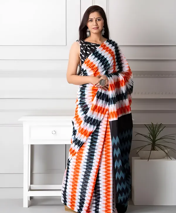 Bold_Geometric_Printed_Saree_Black_White_Orange_Statement_Drape