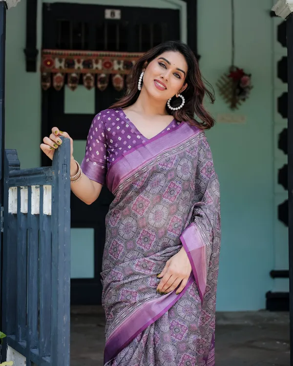 Royal_Lavender_Printed_Linen_Saree_With_Elegant_Border