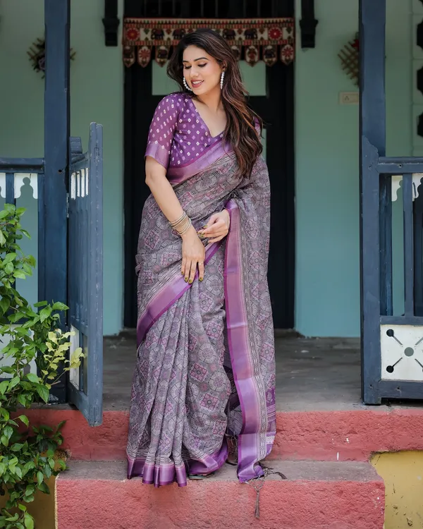 Royal_Lavender_Printed_Linen_Saree_With_Elegant_Border