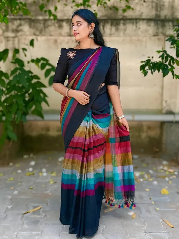 Elegant_Black_Linen_Cotton_Saree_With_Multicolor_Stripe_Border