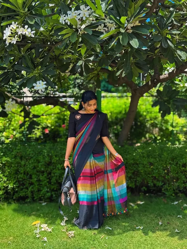 Elegant_Black_Linen_Cotton_Saree_With_Multicolor_Stripe_Border
